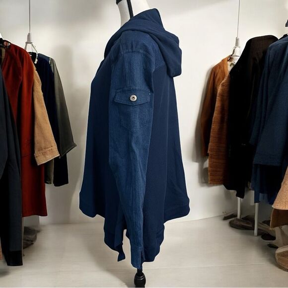 NWT DG2 Diane Gilman Indigo Blue Twill Knit Denim Combo Draped Jacket Size Med - Picture 3 of 11